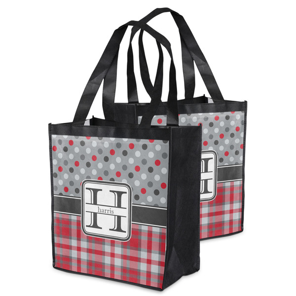 Red & Gray Dots and Plaid Grocery Bag - MAIN