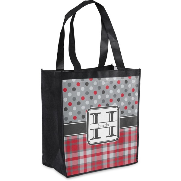 Custom Red & Gray Dots and Plaid Grocery Bag (Personalized)