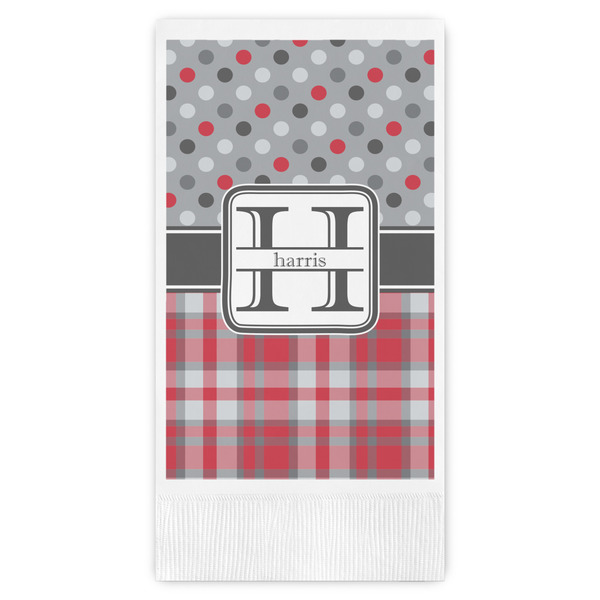 Custom Red & Gray Dots and Plaid Guest Napkins - Full Color - Embossed Edge (Personalized)
