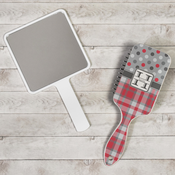 Red & Gray Dots and Plaid Hair Brush - In Context