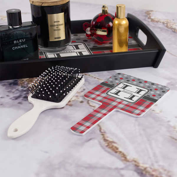 Red & Gray Dots and Plaid Hand Mirror - With Hair Brush