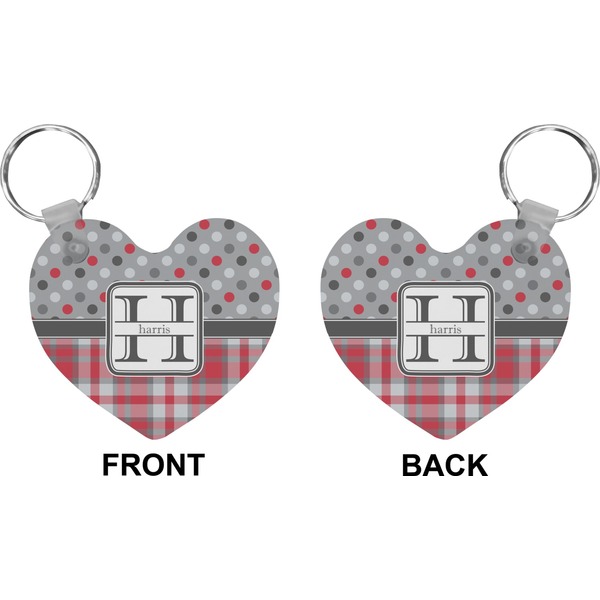 Red & Gray Dots and Plaid Heart Keychain (Front + Back)