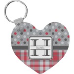 Red & Gray Dots and Plaid Heart Plastic Keychain w/ Name and Initial