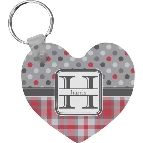 Custom Red & Gray Dots and Plaid Heart Plastic Keychain w/ Name and Initial