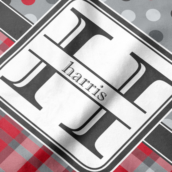 Red & Gray Dots and Plaid Hooded Baby Towel- Detail Close Up