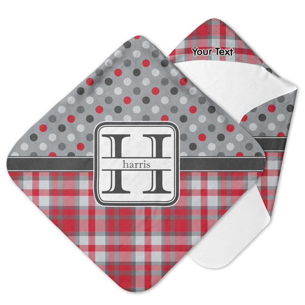 Custom Red & Gray Dots and Plaid Hooded Baby Towel (Personalized)