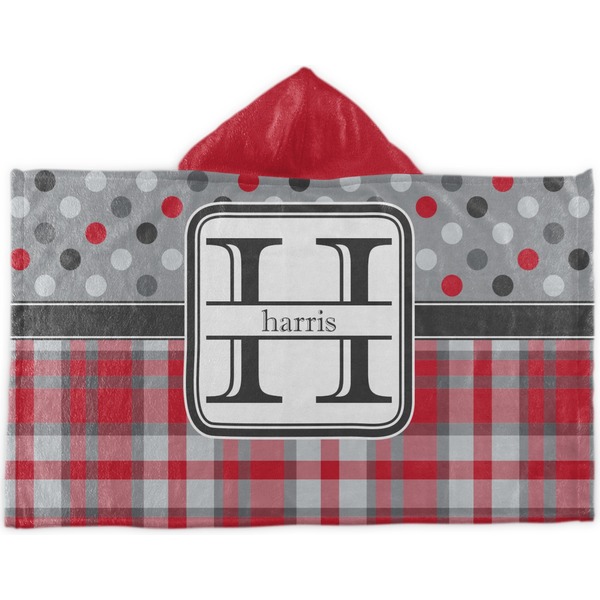 Custom Red & Gray Dots and Plaid Kids Hooded Towel (Personalized)