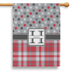 Red & Gray Dots and Plaid 28" House Flag (Personalized)