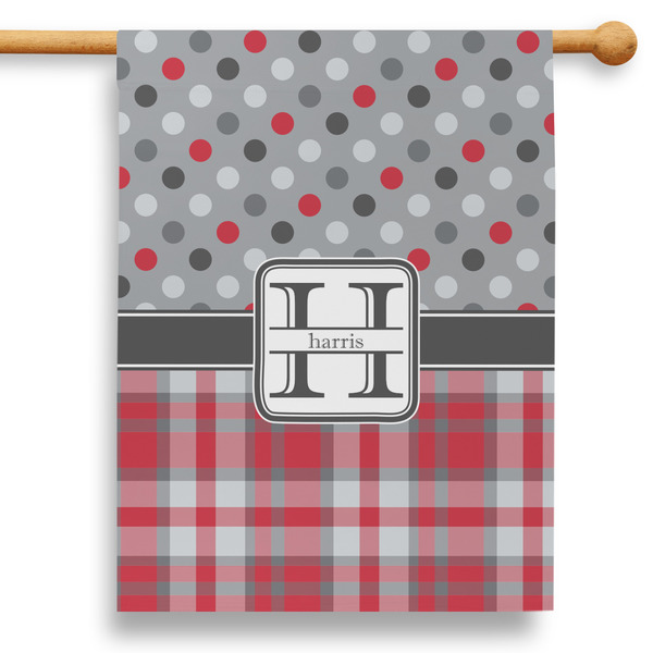 Custom Red & Gray Dots and Plaid 28" House Flag (Personalized)