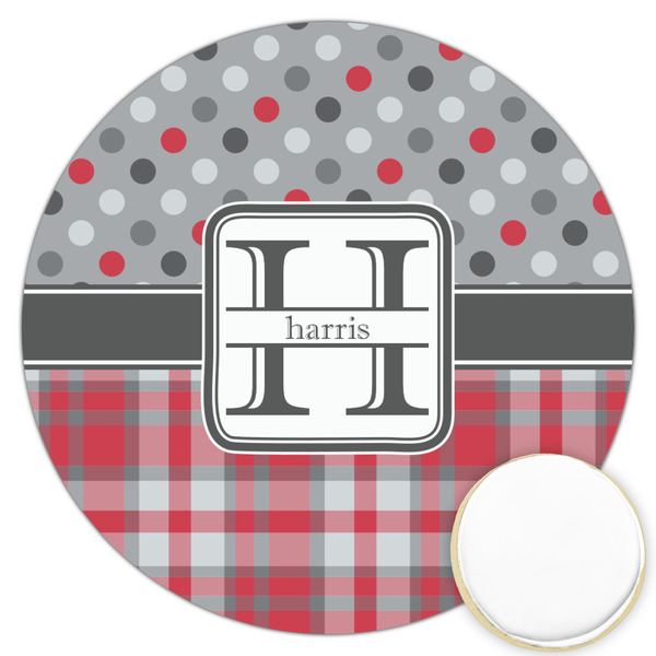 Custom Red & Gray Dots and Plaid Printed Cookie Topper - 3.25" (Personalized)