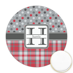 Red & Gray Dots and Plaid Printed Cookie Topper - Round (Personalized)