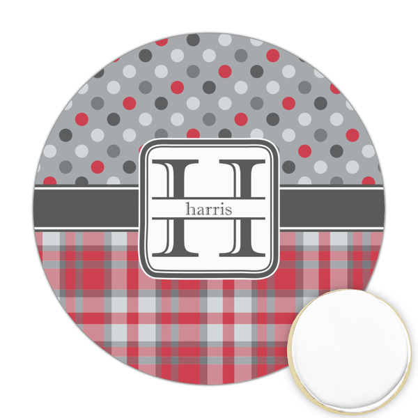 Custom Red & Gray Dots and Plaid Printed Cookie Topper - Round (Personalized)