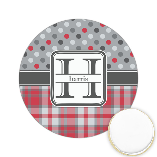 Custom Red & Gray Dots and Plaid Printed Cookie Topper - 2.15" (Personalized)