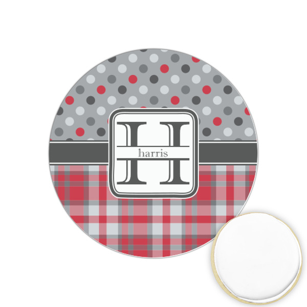 Custom Red & Gray Dots and Plaid Printed Cookie Topper - 1.25" (Personalized)