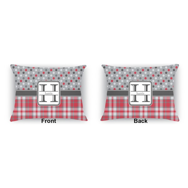 Red & Gray Dots and Plaid  Indoor Rectangular Burlap Pillow (Front and Back)