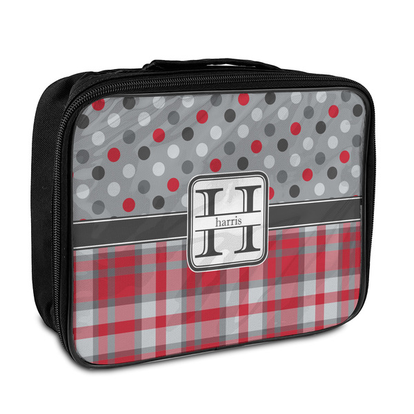 Custom Red & Gray Dots and Plaid Insulated Lunch Bag (Personalized)