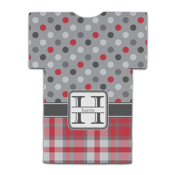 Red & Gray Dots and Plaid Jersey Bottle Cooler - BACK (flat)