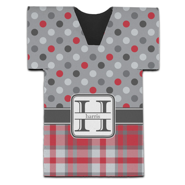 Custom Red & Gray Dots and Plaid Jersey Bottle Cooler (Personalized)