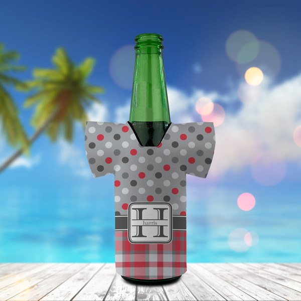 Red & Gray Dots and Plaid Jersey Bottle Cooler - LIFESTYLE