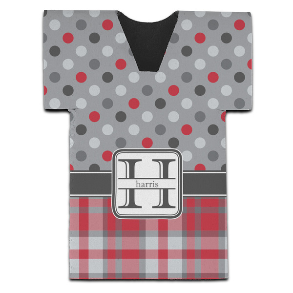 Red & Gray Dots and Plaid Jersey Bottle Cooler - Set of 4 - FRONT (flat)