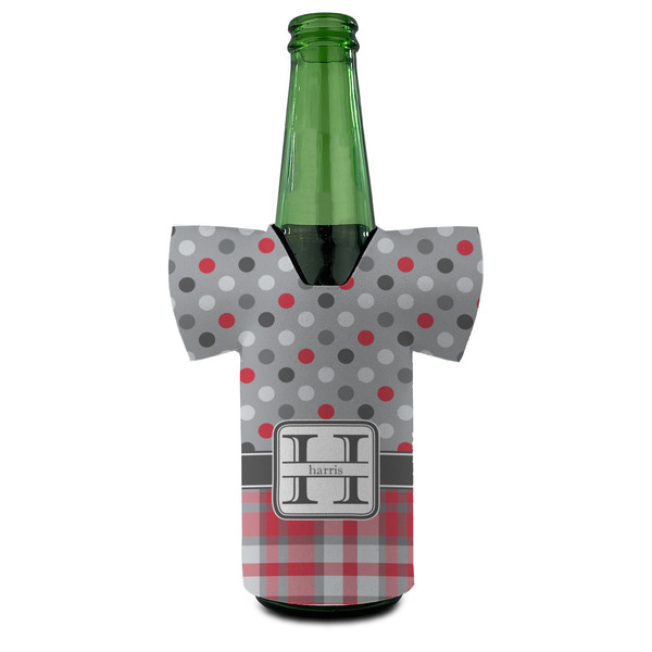 Red & Gray Dots and Plaid Jersey Bottle Cooler - Set of 4 - FRONT (on bottle)