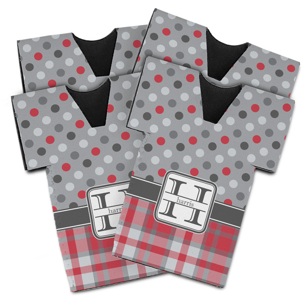 Custom Red & Gray Dots and Plaid Jersey Bottle Cooler - Set of 4 (Personalized)