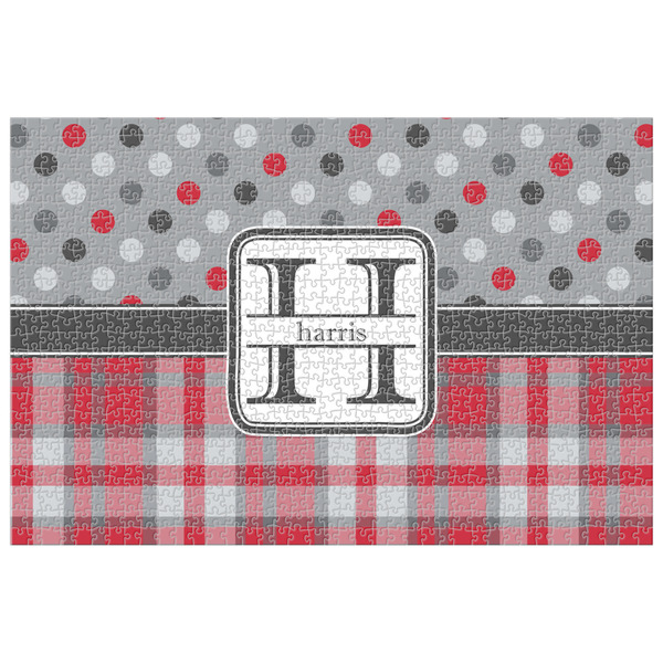 Custom Red & Gray Dots and Plaid 1014 pc Jigsaw Puzzle (Personalized)
