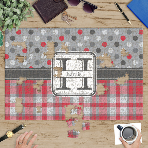 Red & Gray Dots and Plaid Jigsaw Puzzle 1014 Piece - In Context