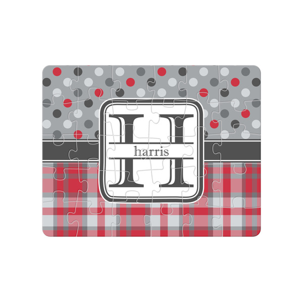 Custom Red & Gray Dots and Plaid 30 pc Jigsaw Puzzle (Personalized)