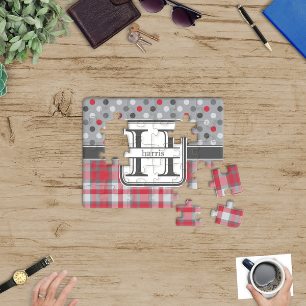 Red & Gray Dots and Plaid Jigsaw Puzzle 30 Piece - In Context
