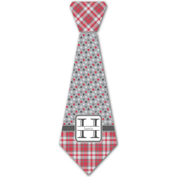 Custom Red & Gray Dots and Plaid Iron On Tie - 4 Sizes w/ Name and Initial