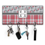 Red & Gray Dots and Plaid Key Hanger w/ 4 Hooks w/ Name and Initial