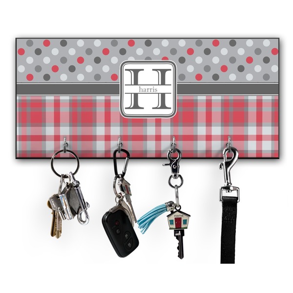 Custom Red & Gray Dots and Plaid Key Hanger w/ 4 Hooks w/ Name and Initial