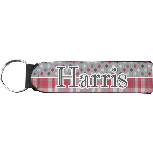 Custom Red & Gray Dots and Plaid Neoprene Keychain Fob (Personalized)