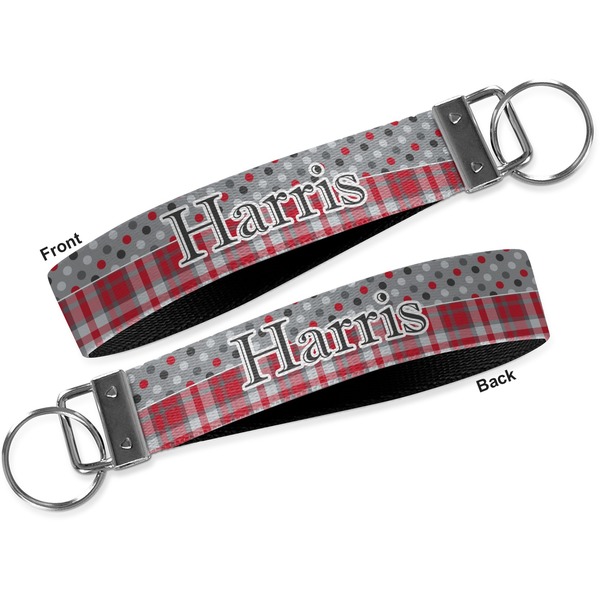 Red & Gray Dots and Plaid Key-chain - Metal and Nylon - Front and Back