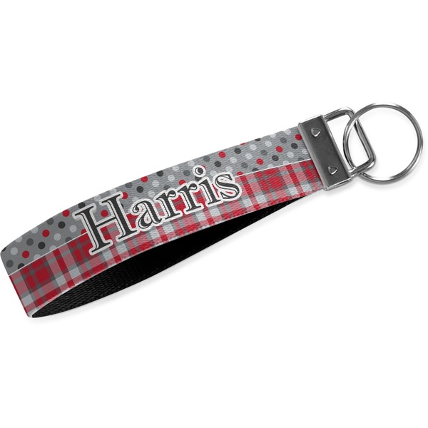 Custom Red & Gray Dots and Plaid Wristlet Webbing Keychain Fob (Personalized)
