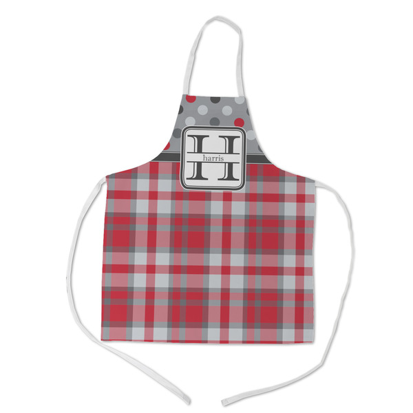 Custom Red & Gray Dots and Plaid Kid's Apron w/ Name and Initial