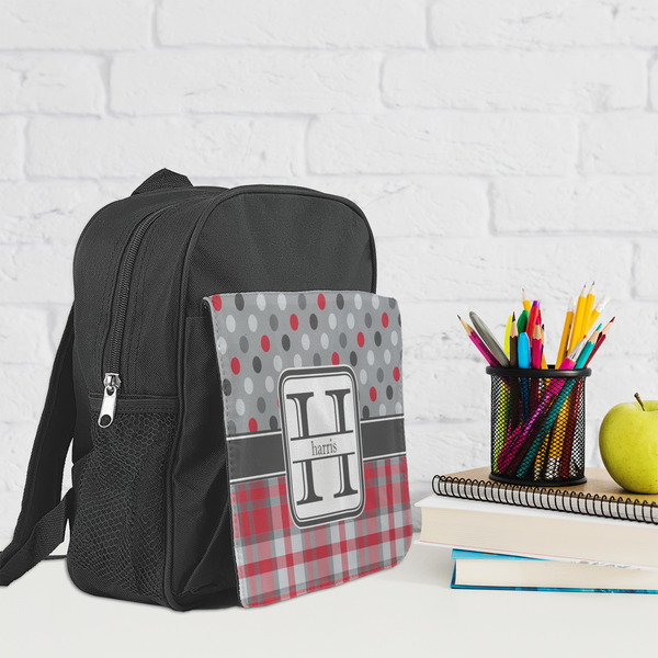 Red & Gray Dots and Plaid Kid's Backpack - Lifestyle