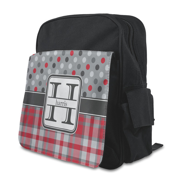 Custom Red & Gray Dots and Plaid Preschool Backpack (Personalized)