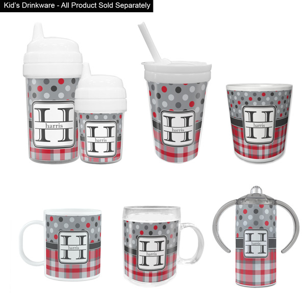 Red & Gray Dots and Plaid Kid's Drinkware - Customized & Personalized