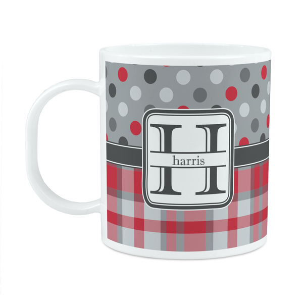 Custom Red & Gray Dots and Plaid Plastic Kids Mug (Personalized)