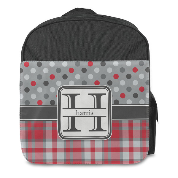 Red & Gray Dots and Plaid Kids Backpack - Front