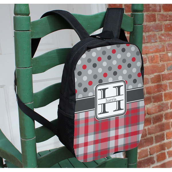Red & Gray Dots and Plaid Kids Backpack - In Context