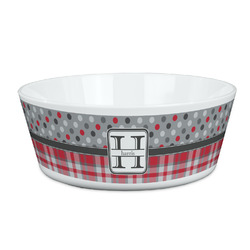Red & Gray Dots and Plaid Kid's Bowl (Personalized)