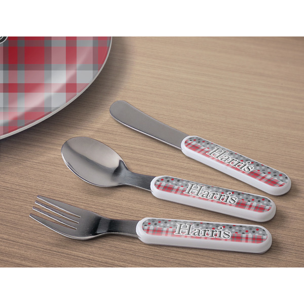 Red & Gray Dots and Plaid Kids Flatware w/ Plate