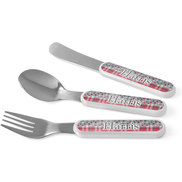 Custom Red & Gray Dots and Plaid Kid's Flatware (Personalized)