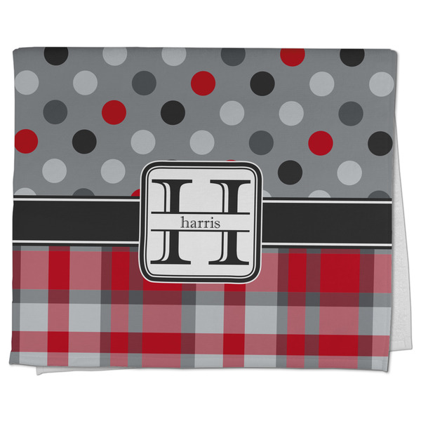 Custom Red & Gray Dots and Plaid Kitchen Towel - Poly Cotton w/ Name and Initial