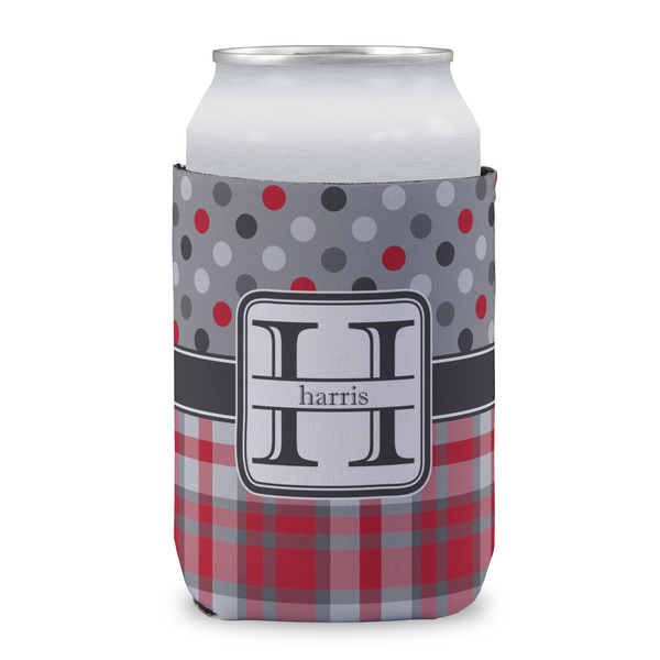 Red & Gray Dots and Plaid Can Sleeve