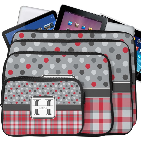 Red & Gray Dots and Plaid Laptop Case Sizes