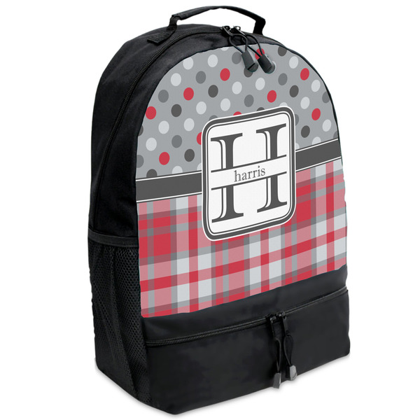 Custom Red & Gray Dots and Plaid Backpacks - Black (Personalized)